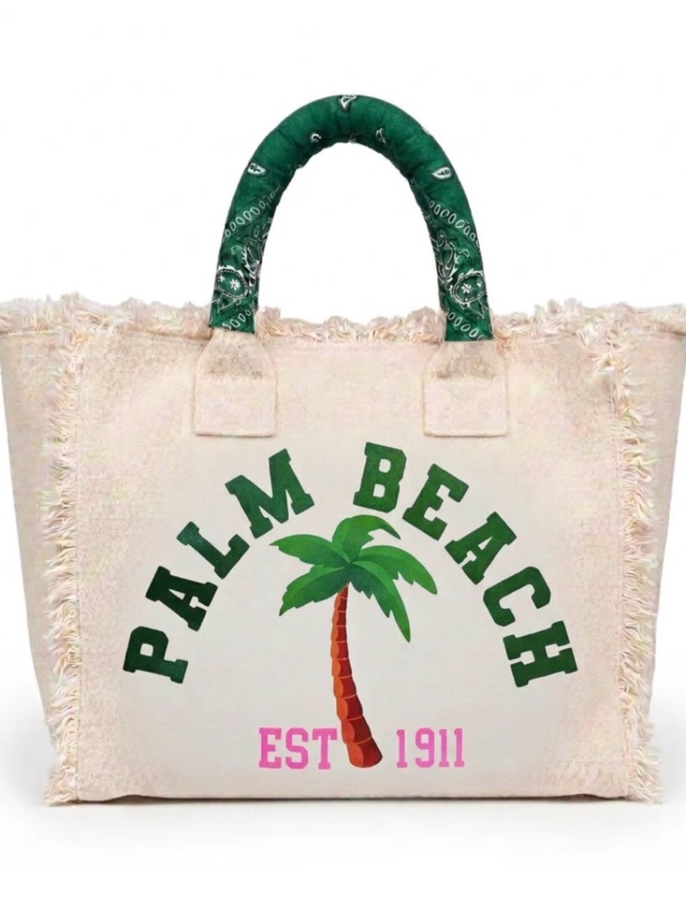 Palm Beach cream canvas fringe tote with green bandana handle only used once